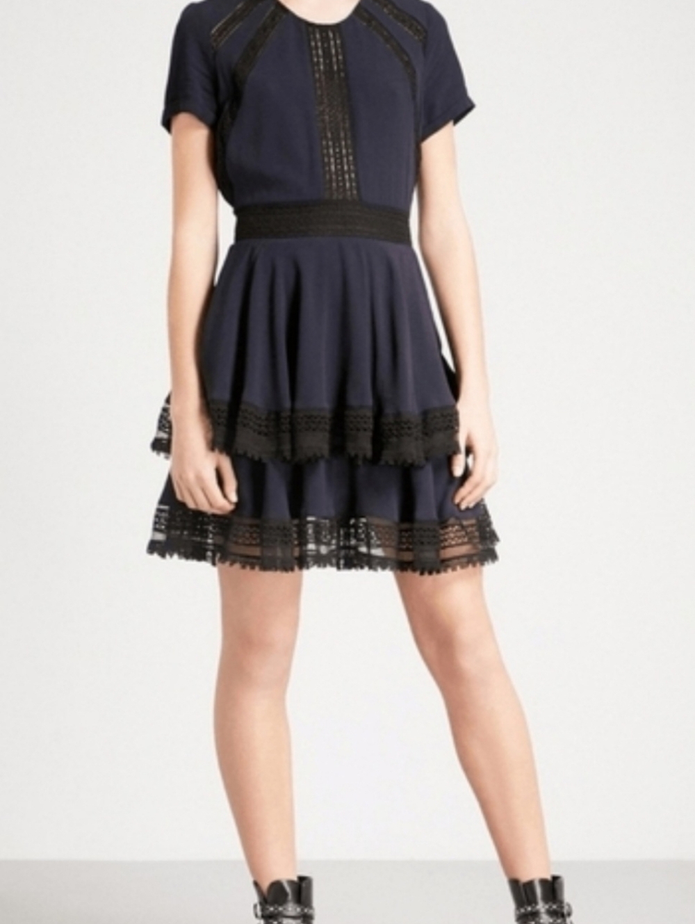 Maje Blue Lace-Trim Short Sleeve Mini Dress